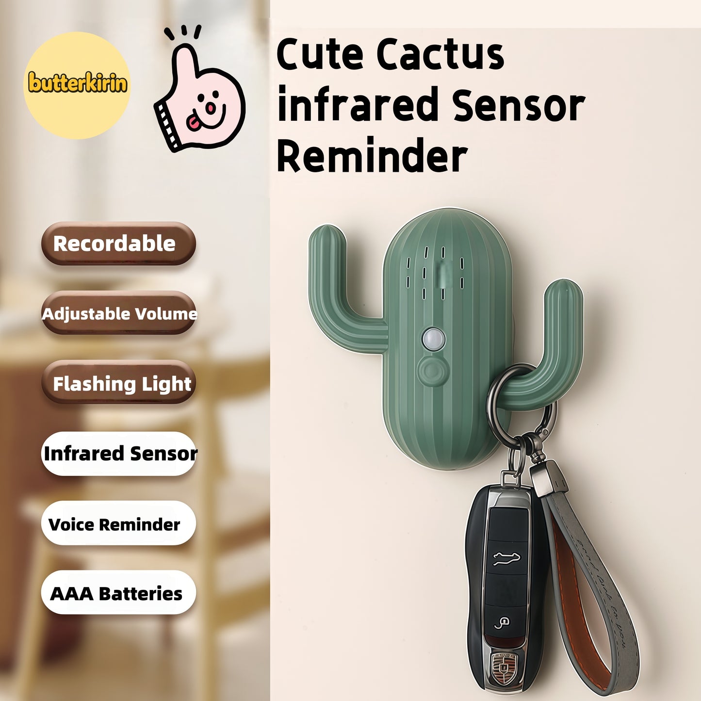 Recordatorio de voz automático infrarrojo Cactus, grabable, sensor inteligente y preciso. Regalo ideal para personas mayores, con TDAH y familias.