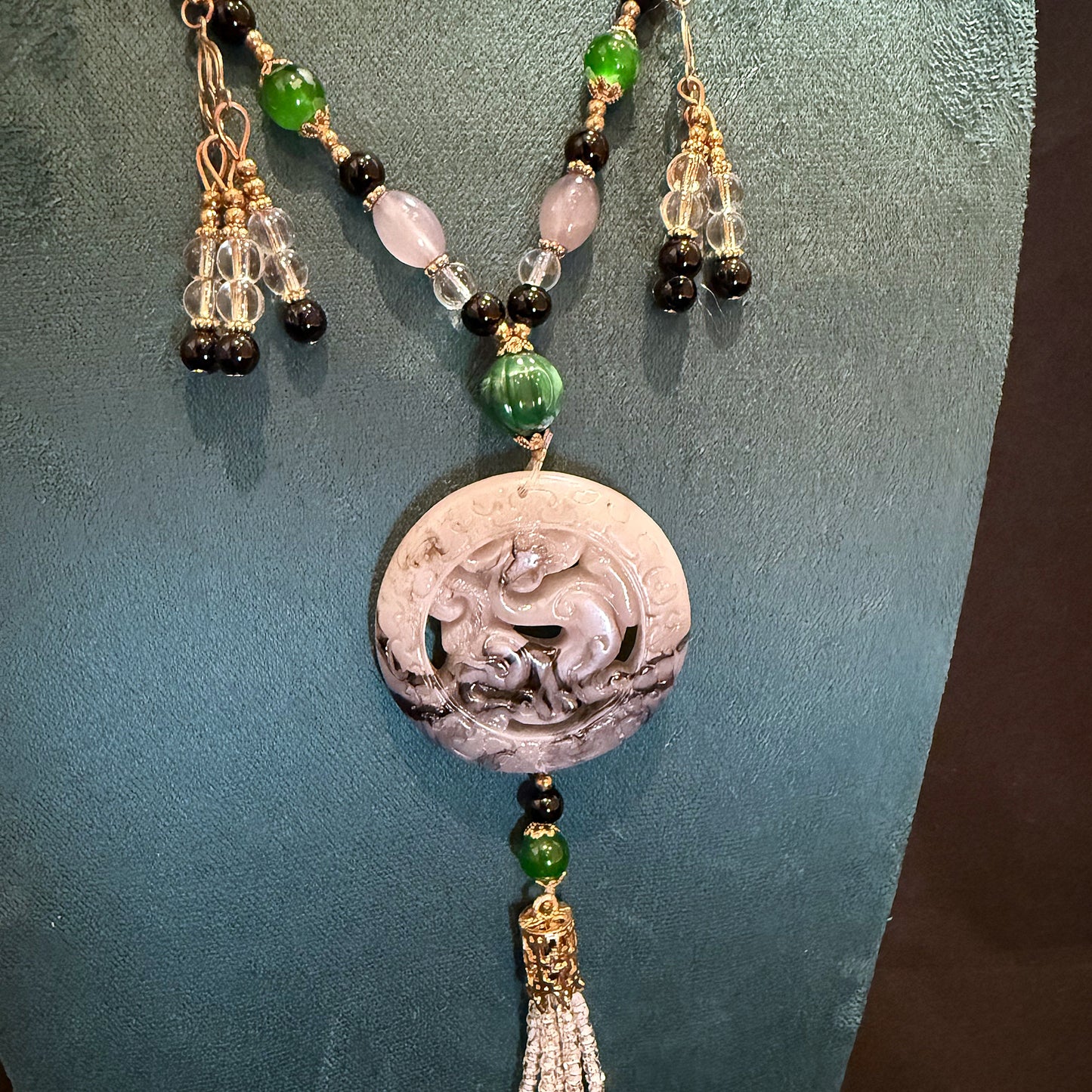 Wealth Dragon Jade Pendant Long Beaded Necklace