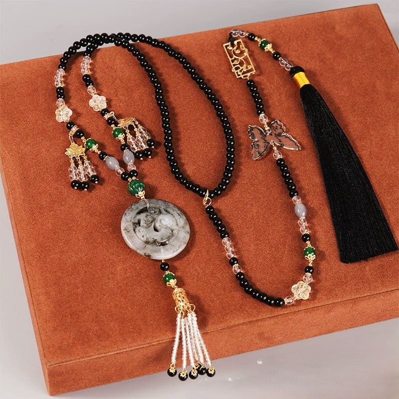 Wealth Dragon Jade Pendant Long Beaded Necklace